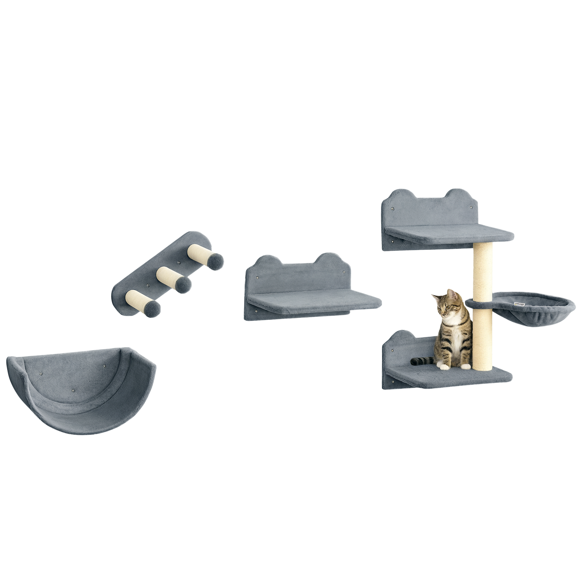 Grey 3-Tier Wall Mounted Cat Shelves with Hammock & Scratching Post - Cat Climber for Small Spaces, Living Room & Bedroom - 15.7 x 11 x 28.7 in