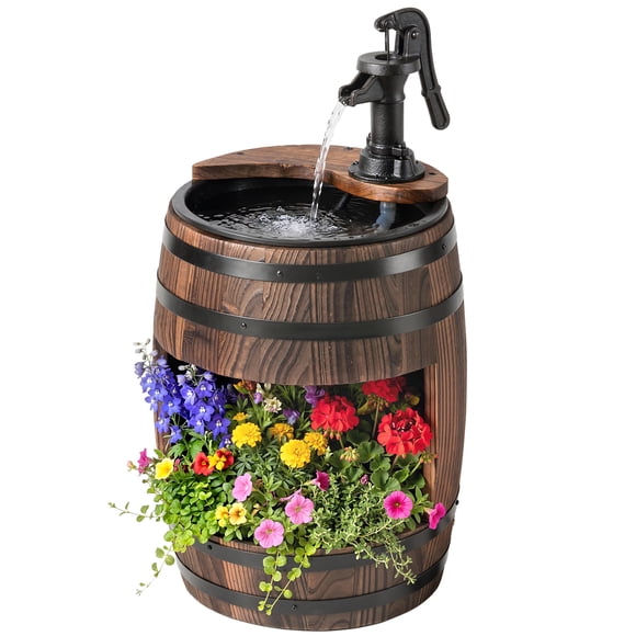 Outsunny 23" Wooden Barrel Outdoor Fountain with 3600r/min Pump Carbonized