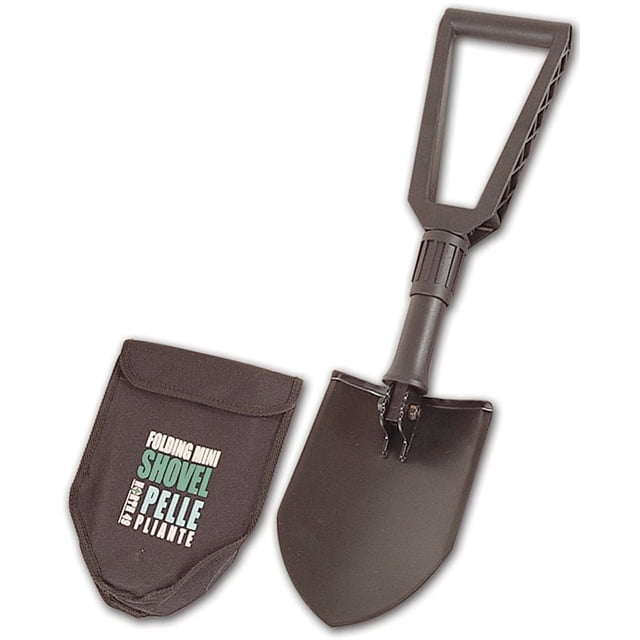 North 49 Portable Folding Shovel with steel blade and nylon handle, unfolded next to its black nylon case with hook and loop closure, ideal for garden digging and outdoor tasks.