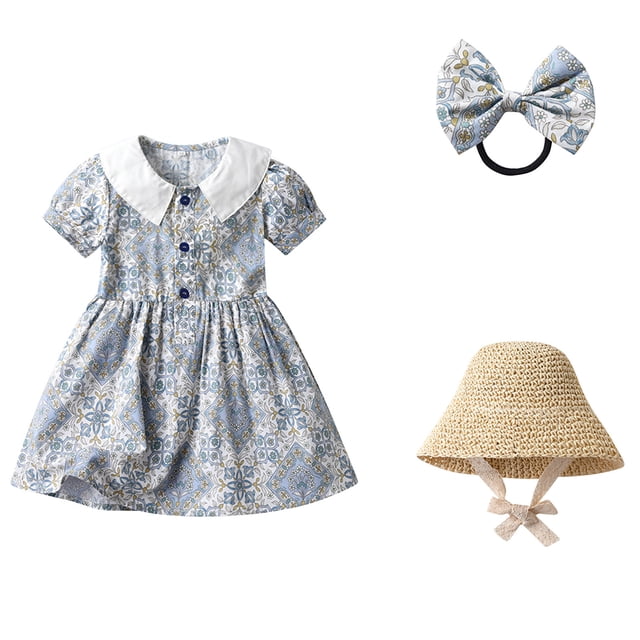 Birdeem Robe à Bretelles d'Été à Imprimé Floral pour Tout-Petite Fille avec Chapeau et Épingle à Cheveux