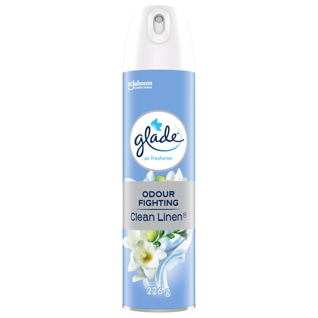 Glade® Vaporisateur d'Ambiance Anti-Odeurs, Linge Propre, Bombe Aérosol de 226 g avec Buse de Pulvérisation Blanche et Étiquette Bleue Mettant en Vedette des Fleurs Blanches et du Tissu en Lin, Conçu pour Lutter contre les Odeurs et Rafraîchir les Espaces Domestiques avec un Parfum Net et Naturel, Convient aux Salles de Bain, Cuisines et Salons.