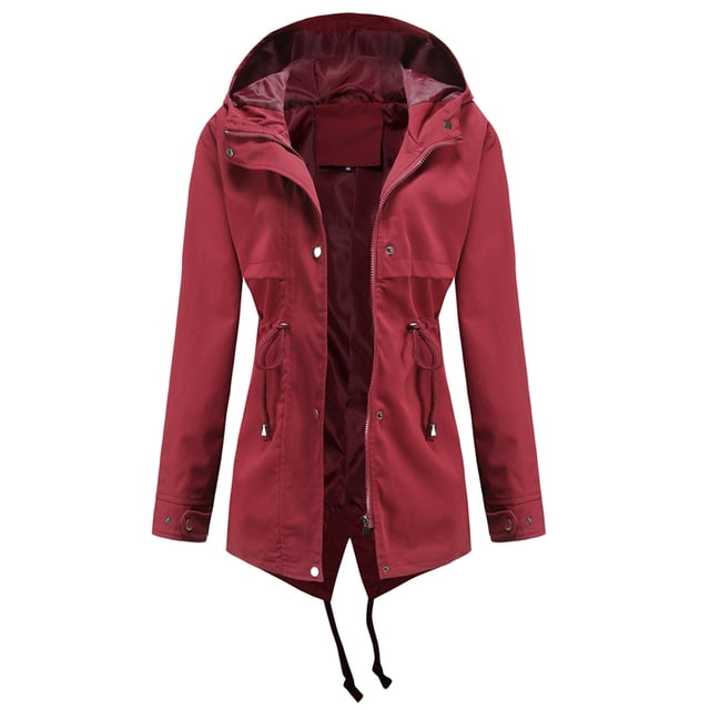 Women Solid Rain Jacket Outdoor Jackets Waterproof Hooded Raincoat Windproof in a deep red color. This stylish raincoat features a hood, adjustable drawstrings at the waist, long sleeves, and a front zipper closure. Made from lightweight polyester material, it offers comfort and protection against rain and wind. Ideal for casual wear, outdoor activities, and seasonal use in autumn, winter, and spring.