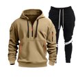 thumbnail image 1 of Ketyyh-chn99 Men's Tracksuits Hoodied 2 Piece Track Suits Set Men's Sports Two Piece Solid Color Multipocket Half Zipper Hooded Sweater Color Matching Waist Casual Pants Size for 3XL,Khaki, 1 of 4