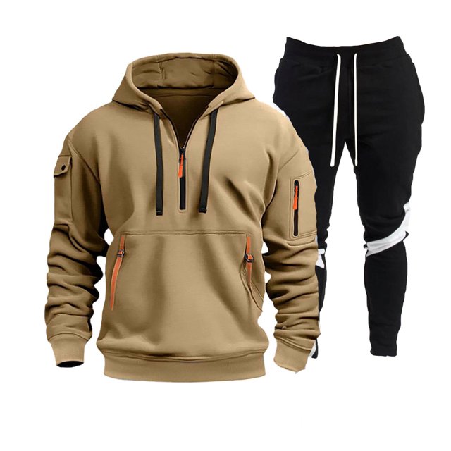 Ketyyh-chn99 Men's Tracksuits Hoodied 2 Piece Track Suits Set Men's Sports Two Piece Solid Color Multipocket Half Zipper Hooded Sweater Color Matching Waist Casual Pants Size for 3XL,Khaki