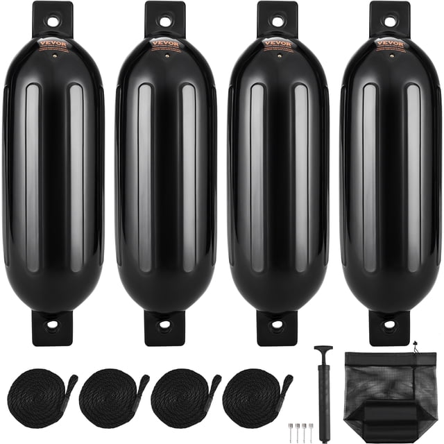 VEVOR Boat Fenders, 5.5" x 20" inflatable ribbed boat bumpers in black, designed for docking protection. The set includes four PVC fenders with center holes, four 5.9 ft polypropylene ropes, an air pump, four needles, and a durable storage bag made of Oxford cloth and mesh. These fenders feature a 3.8 mm wall thickness for impact resistance, UV protection, and durability. Suitable for various vessels, including fishing boats, canoes, and pontoon boats. The fenders can be hung vertically or horizontally using the included ropes.