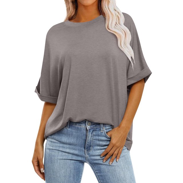 Yuyuzo T-Shirts d'Été pour Femmes à Col Rond, Manches Mi-Longues, Coupe Ample, Chemises Décontractées Unies, T-Shirts Basiques