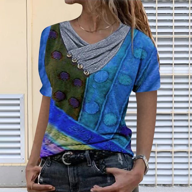 Women Tie-dye Printed Embroidery Collar Short Sleeve Pullover Blouse Tops