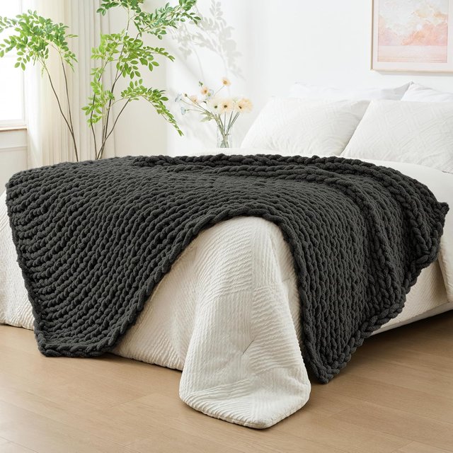 Chunky Knit Blanket Throw x Hand Knitted Chenille Throw Blanket Small Soft Thick Yarn Cable Knit Blanket Cute Rope Knot Crochet Throw Blankets for Couch Bed Sofa (Light )