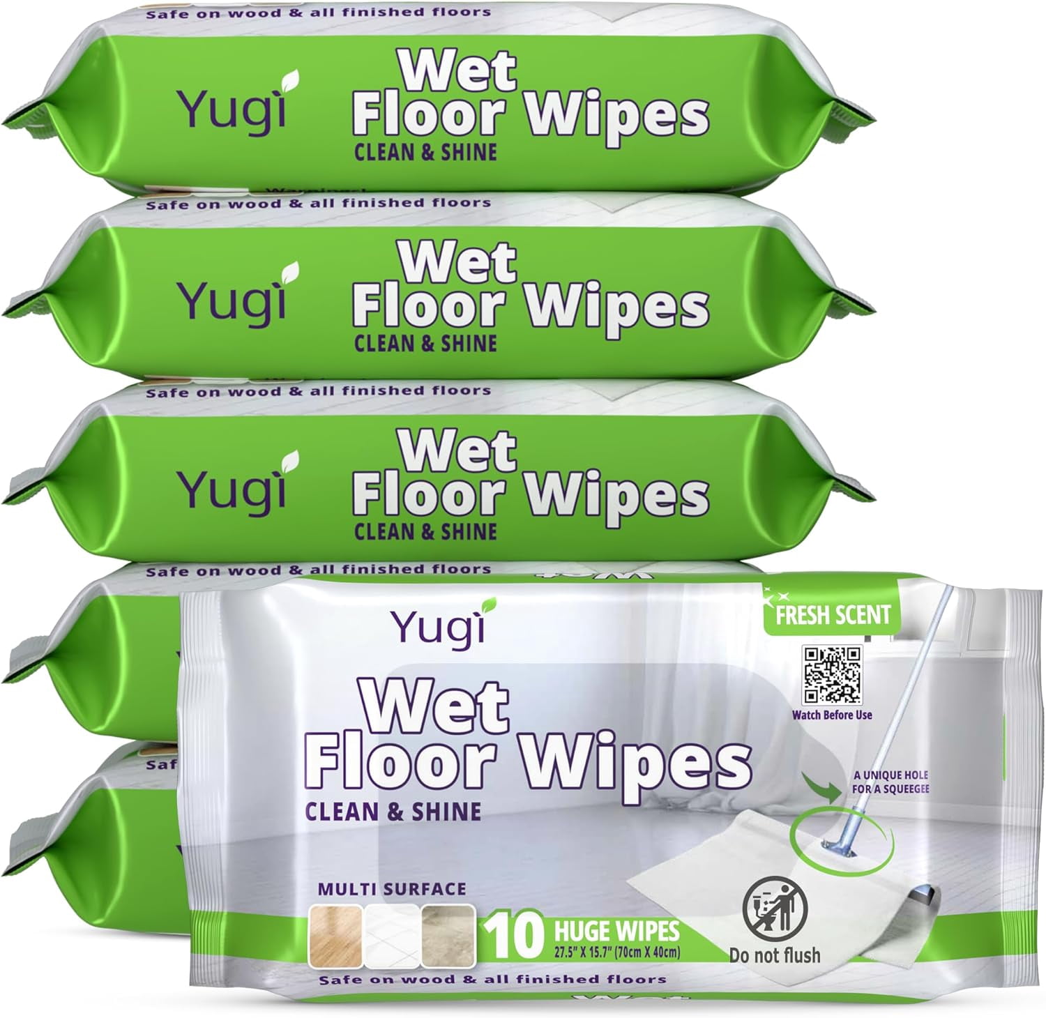 Yugi XXL Wet Floor Wipes For Squeegee Stick,Multi Surface Cleaning Wipes,Fresh Aroma Scent,Huge Disposable Wipes (27.5" x 15.7"),Extra Thick,(6 packs - 60 wipes)