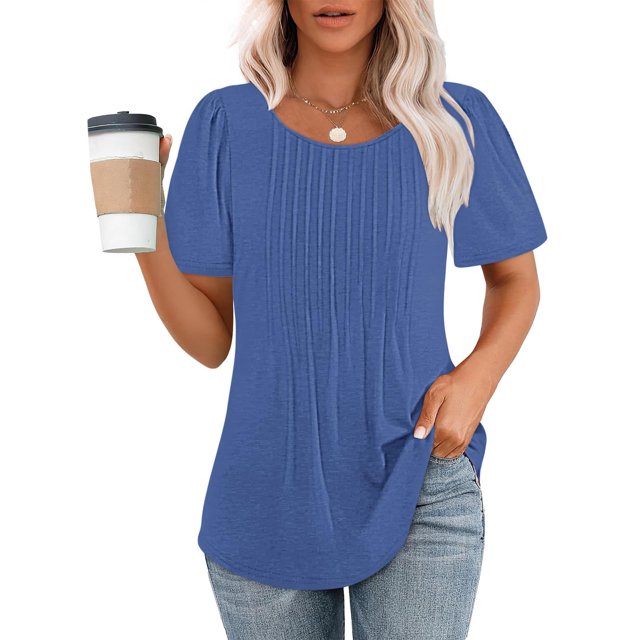 Meichang Hauts pour Femmes T-Shirts Plissés devant Manches Courtes Col Rond T-Shirts Unis Coupe Ample Tunique Confortable