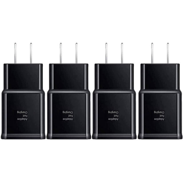 Adaptateur de Bloc de Charge Rapide Adaptative (Lot de 5) compatible avec Galaxy S6, S7, S8, S9, S10, Note 8, Note 9, Note 10+, et Autres Appareils. l'Image Montre Quatre Chargeurs Muraux Noirs au design compact, avec Texte « Charge Rapide Adaptative » à l'Avant. Ces Chargeurs Prennent en Charge QC 3.0/2.0 et Charge Rapide Adaptative (AFC) pour une Charge Rapide et Efficace. Conçus avec des Caractéristiques de Sécurité comme une protection contre les Surintensités et