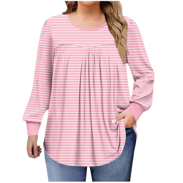 Lmnyox Hauts Grande Taille pour Femmes, Manches Longues Surdimensionnées, Col Rond, Chemises Plissées, Blouses Décontractées Mode