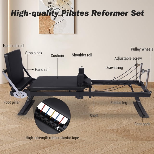 EDTara Pilates Reformer, Machine with Adjustable Reformer Heights, Foldable Pilates Machine with Headrest & Jump Board , Pilates Home Equipment with Foot Straps