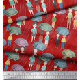 thumbnail image 2 of Soimoi Red Poly Georgette Fabric Monsoon Theme Human Figure Printed Fabric 1 Yard 52 Inch Wide, 2 of 5