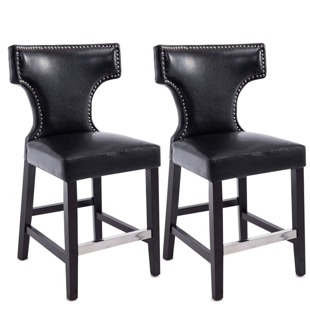 CorLiving Kings Tabourets de bar Hauteur Comptoir à Clous en Cuir Reconstitué, Ensemble de 2 avec Rembourrage en Cuir Reconstitué Noir, Clous Métalliques sur Dossiers Hauts Profilés, Pieds en Bois Franc Teints espresso Foncé et Repose-Pieds Chromés, Conçus pour des Sièges Hauteur Comptoir de 33-36 Pouces dans des Espaces de Cuisine Ou de bar.