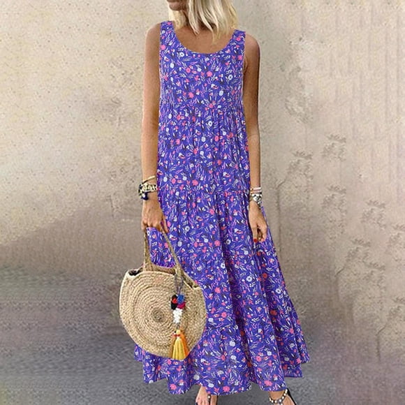 FcBaudy Robe Sans Manches à Col Rond, Robes d'Été pour Femmes, Robes pour Femmes Grande Taille Décontractées Imprimées à Col Rond Manches Courtes Robe Ample Longueur Genou lafy imitate cotton skirt