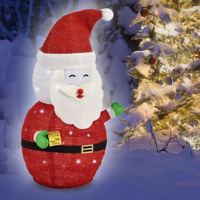 CUITING Lighted Snowman Outdoor Christmas Decoration, a 27-inch collapsible snowman with a durable metal frame covered in hand-sewn tinsel fabric. Pre-lit with 45 cool white mini lights, it features a festive design with a black top hat and scarf. Battery-operated for easy placement in porches, lawns, or yards, requiring 3 AA batteries (not included). The snowman is shown in a snowy outdoor setting with a lit Christmas tree in the background.
