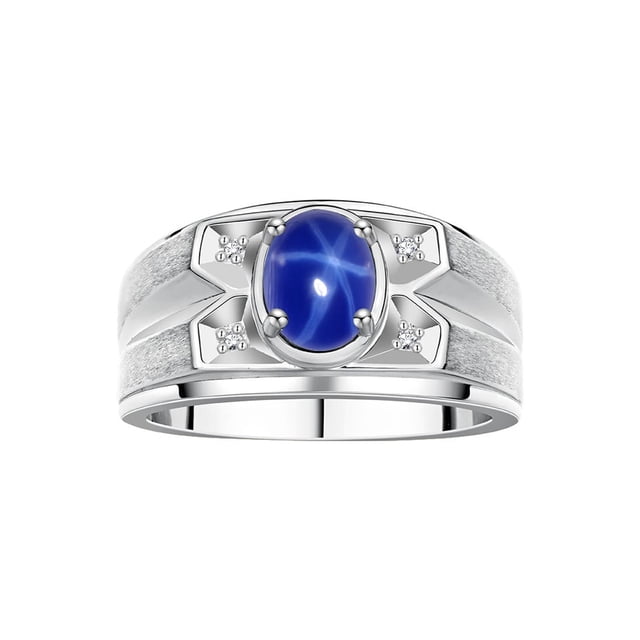 RYLOS Men's Rings Sterling Silver Rings Classic Designer Style 8X6MM Gemstone & Diamond Ring Blue Star Sapphire September Birthstone Rings For Men, Size 13