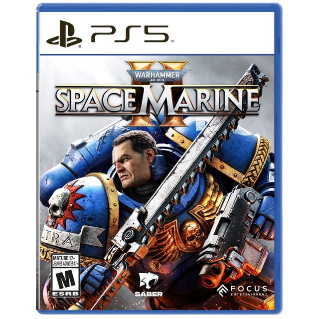 Warhammer 40,000: Space Marine 2 (PS5) cover showing a blue-armored Space Marine wielding a large chainsword and futuristic firearm, detailed with gold and red insignias, featuring PlayStation 5 branding and ESRB Mature 17+ rating, suitable for fans of intense third-person action games.