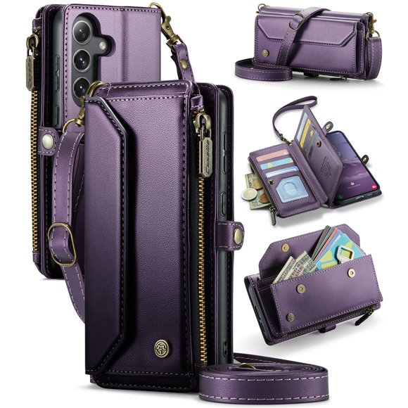 CaseMe Leather for Samsung Galaxy S25 Plus Case Wallet【RFID Blocking】with 10-Card Holder Zipper Bills Slot, Soft PU Leather Magnetic Shoulder Wrist Strap for Samsung Galaxy S25 Plus Wallet Case Women