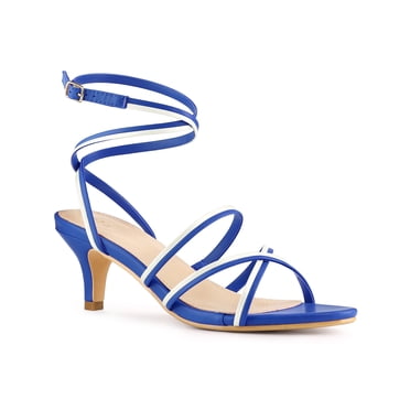 BLISSFUL STEP Open Toe Contrasting Color Kitten Heels Sandals for Women Blue White (Size 9)