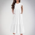 thumbnail image 2 of Teen Girls Maxi Long Dress Ruffle Sleeve Round Neck Solid Color Casual Holiday Dresses with Pockets White 150, 2 of 6