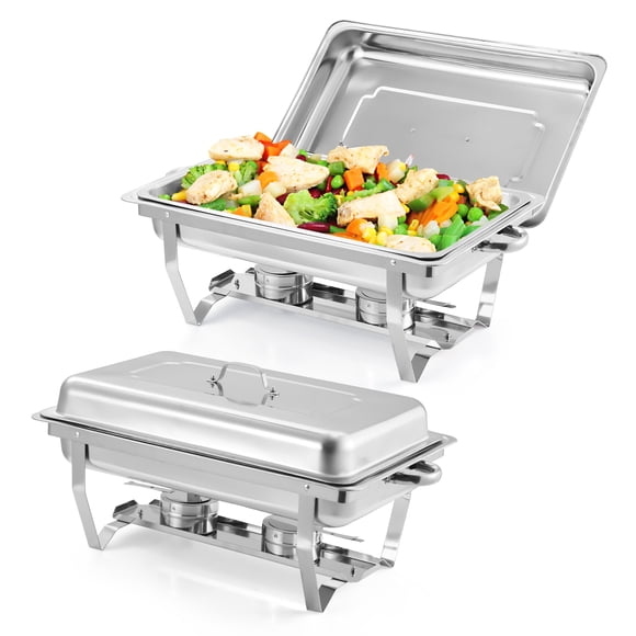8QT Rectangular Chafing Dishes Set of 2, Stainless Steel Buffet Warmers Set with Lid, Foldable Food Warmer Server for Wedding, Banquet, Party and Catering Events - Silver