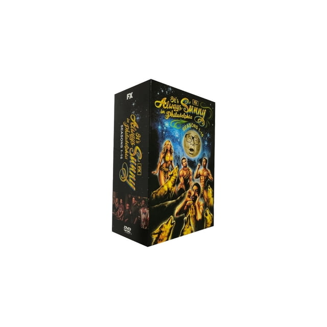 It's Always Sunny in Philadelphia Complete Series Season 1-16 (DVD) box set featuring vibrant artwork with a cosmic background, muscular characters, and howling wolves. The packaging highlights the comedy series' title and seasons 1-16 prominently.