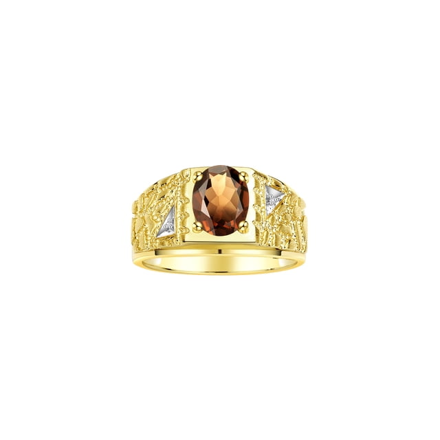 RYLOS Men's Rings 14K Yellow Gold Designer Nugget Ring Oval 9X7MM Gemstone & Diamonds Smoky Quartz June Birthstone Rings For Man Size 10