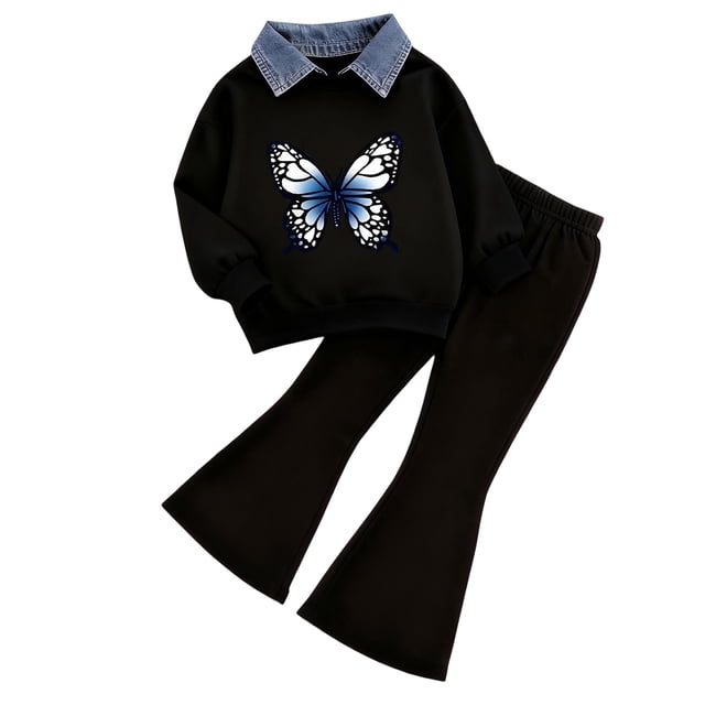 Caqnni Girls Clothes Versatile Two-Piece Ensemble Cozy Cropped Polo long sleeve Sweatshirt and High-Waisted Flare Pants Spring Fall Set(A-A,2-3 Years)