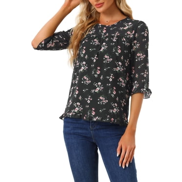 INSPIRE CHIC Women's Tops 3/4 Sleeves Ruffle Hem Floral Chiffon Shirt Blouses XS Black-1