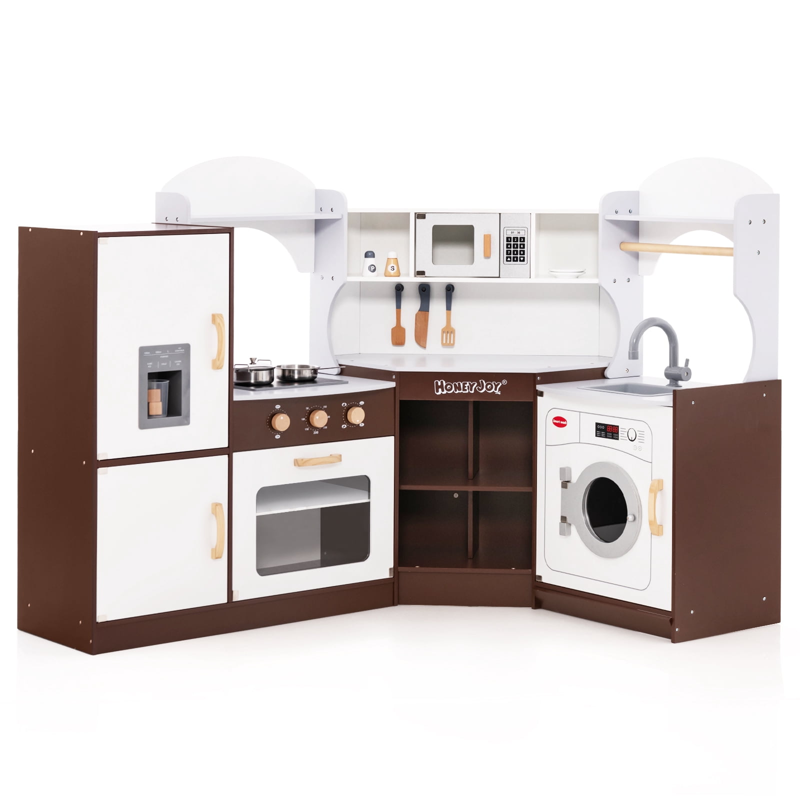 Costway Corner Play Kitchen with Ice Maker Microwave Oven for Kids 3+ Years Old Wooden Toy