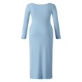 thumbnail image 4 of Women Long Bodycon Dress Solid Color Knitted Ribbed Square Neck Long Sleeve Dress Spring Fall Party Club Skinny Dress, 4 of 9