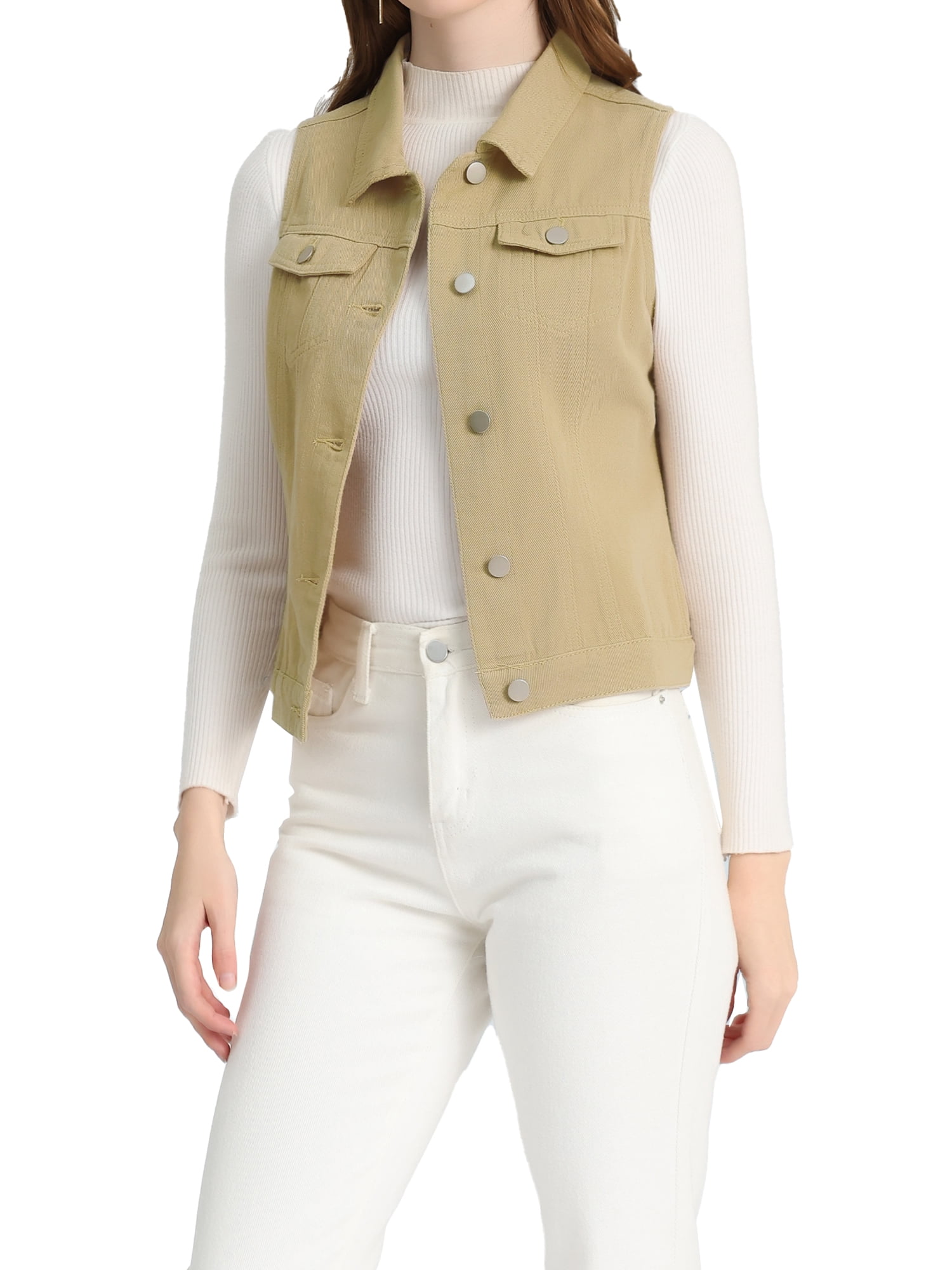 INSPIRE CHIC Women's Washed Denim Button Sleeveless Vest Jacket with Pockets XL Light Khaki