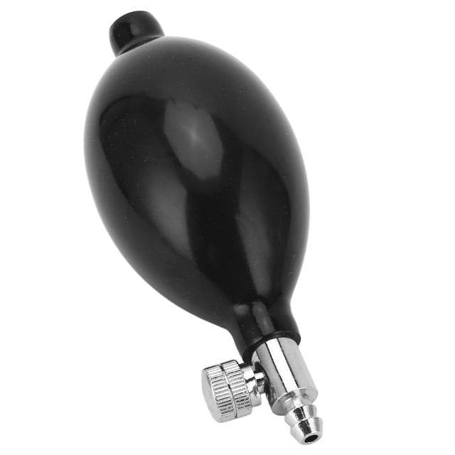 Blood Pressure Bulb Pump, a black latex manual replacement bulb for sphygmomanometers. Features a durable design with excellent resilience for frequent use, a metal valve for precise inflation, and easy installation. Suitable for accurate blood pressure measurements.