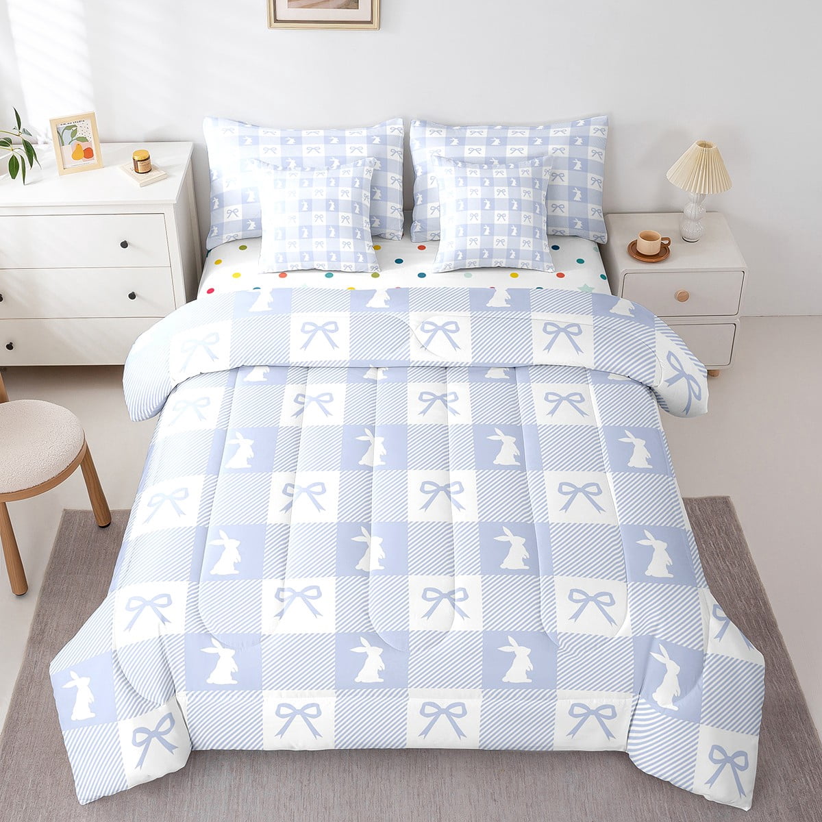 Cute Rabbit 7 Pieces Bedding Set King,Spring Easter Animal Princess Bowknot Bed in a Bag for Adults,Blue Geometric Plaids Kawaii Bow Patchwork Comforter Set with Sheets,Pillow Covers