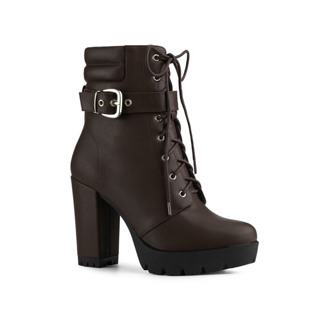 BLISSFUL STEP Women's Platform Buckle Lace Up Block Heel Ankle Boot Coffee (Size 9)