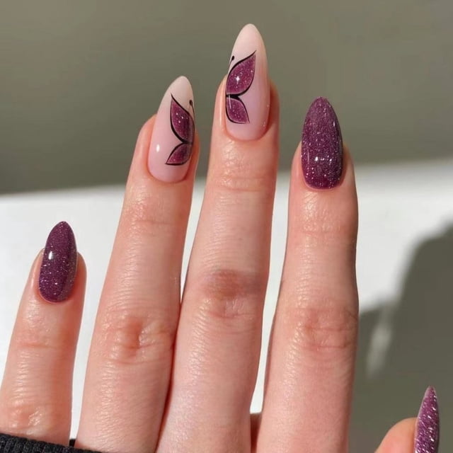 HLONK 24Pcs Gel Press on Nails Gel French Long Fake Nails Press on Tips With Glue Rhinstone with Butterfly NO.13