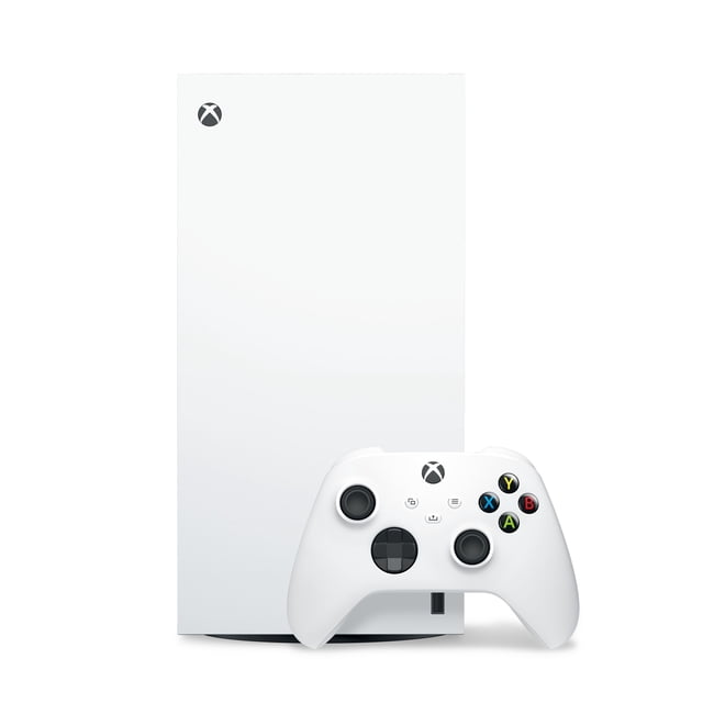 Xbox Series X - 1TB - Robot White - Digital Edition (no disk) console with a vertical matte white tower and black circular vent on top, paired with a white wireless controller featuring black thumbsticks and colored A, B, X, Y buttons, suitable for 4K gaming and fast load times.