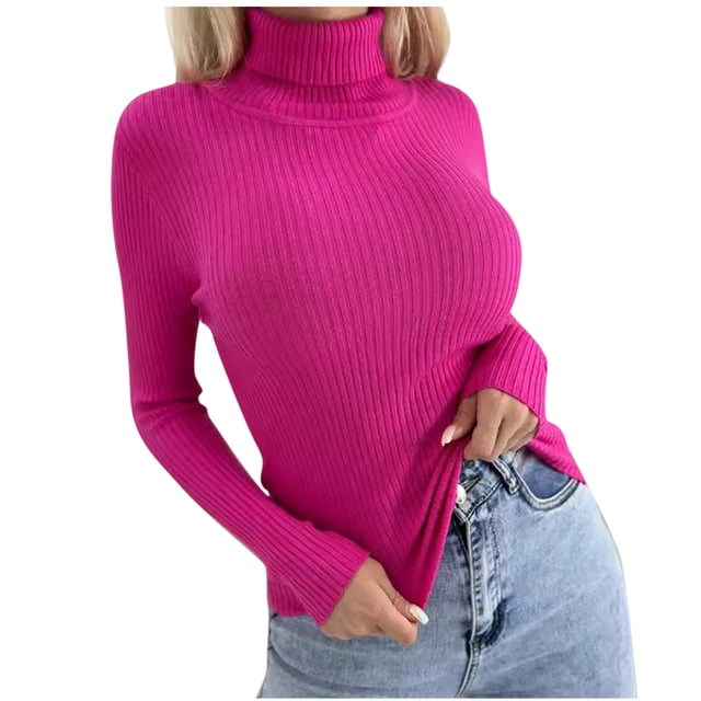 Dagegui Chandails à Col Roulé pour Femmes Tricot Côtelé Manches Longues Chandail Extensible Ajusté Automne Hauts Rose Vif,m