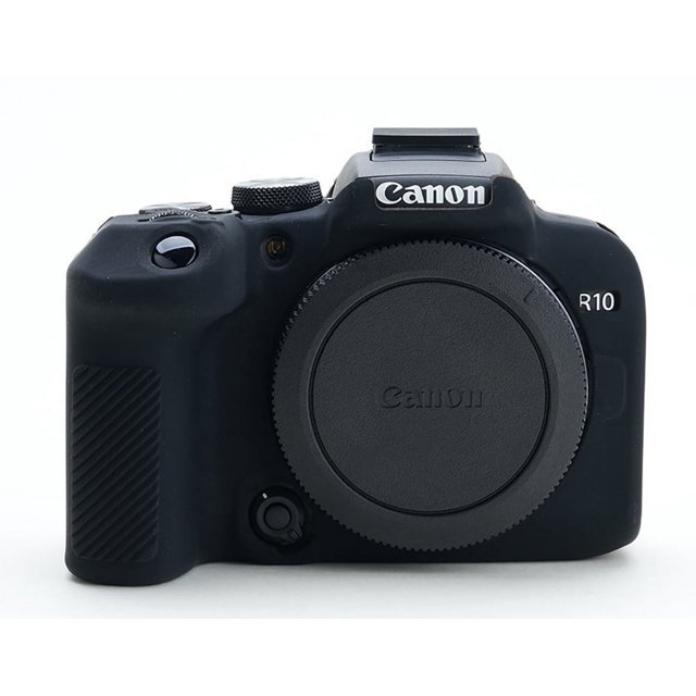 GadgetCom Silicone Protective Case for Canon EOS R10 fitted on the camera. The durable black silicone material protects against scratches, minor bumps, and daily wear. Custom-cut openings ensure easy access to buttons, lens, screen, and ports without removal. Ergonomic ridges enhance grip stability, suitable for vlogging, travel, or outdoor photography.