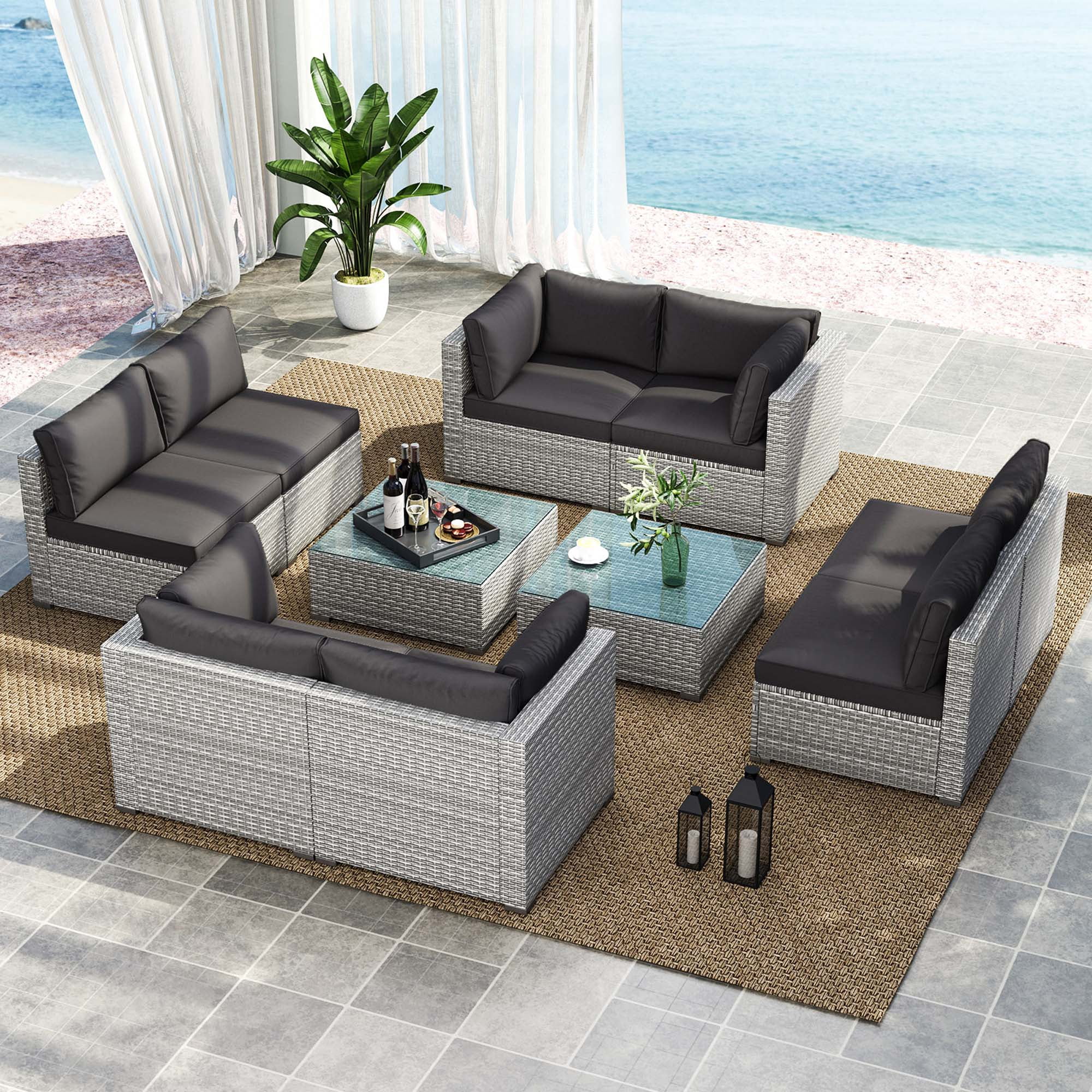 Costway Ensemble de Conversation en Rotin PE pour Terrasse Extérieure, Canapé Sectionnel 10 Pcs, Noir