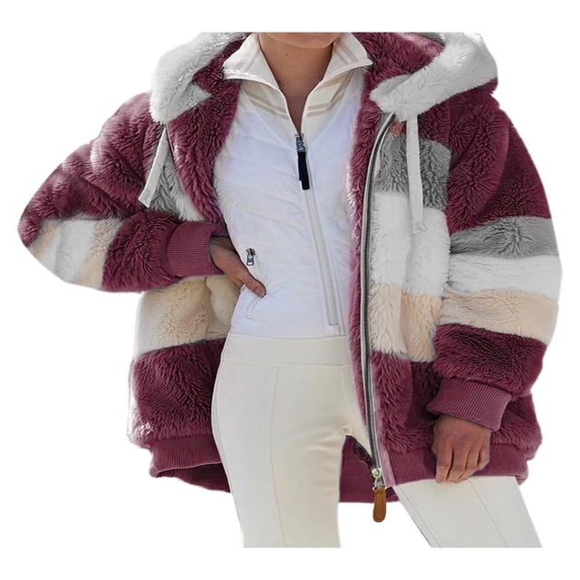 Womens Plush Hooded Sweatshirts Oversized Pullover Zipper Coats with Pocket