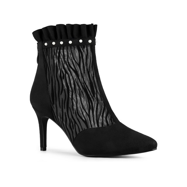 Unique Bargains Women's Mesh Stiletto High Heels Ruffle Prom Ankle Boots Black 7.5
