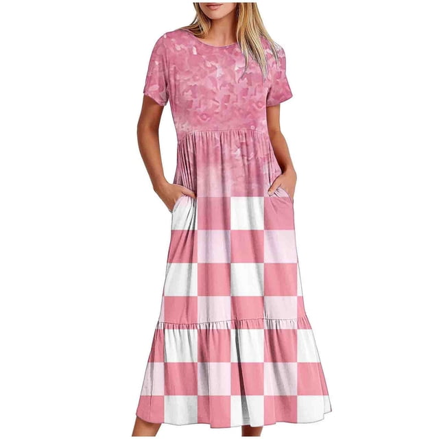 Pisexur Robes d'Été pour Femmes à Col Rond, Robe Fluide Plissée Tendance à Manches Courtes, Mode avec Poche, Robe d'Été de Plage Évasée à Imprimé Floral