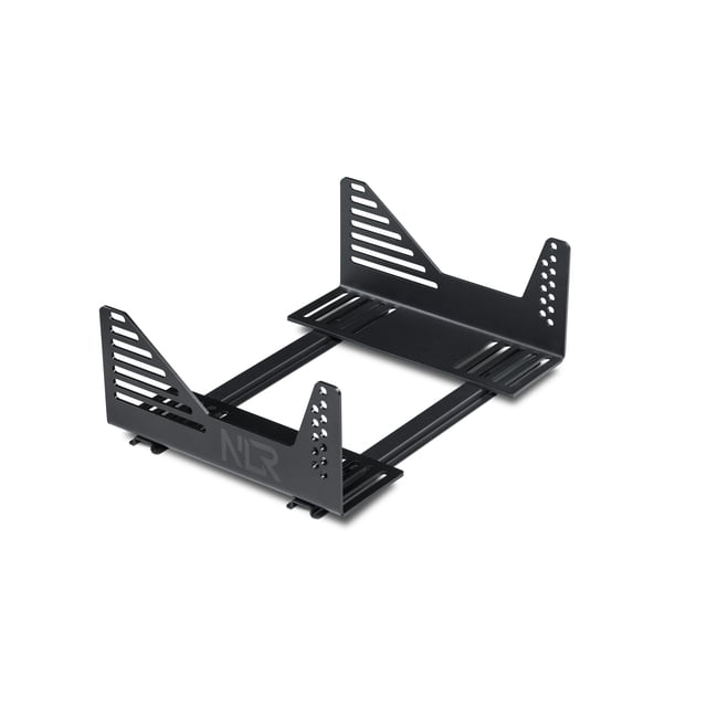 NEXT LEVEL RACING UNIVERSAL SEAT BRACKETS made of 5mm carbon steel with multiple slotted and circular mounting holes for 84 adjustable seating positions, compatible with Next Level Racing GTtrack, F-GT, Elite Series cockpits, and 3rd party 8020 aluminium frames, shown in a 3/4 angled view on white background, ideal for mounting various side-mount racing seats.