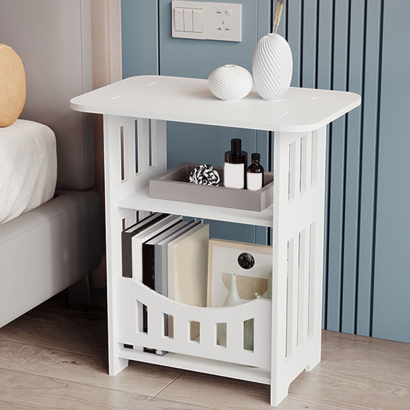 ZZkhGO White Bedside Table, Compact Nightstand Coffee Table, PVC Small Cabinet with Storage Shelf for Bedroom Living Room