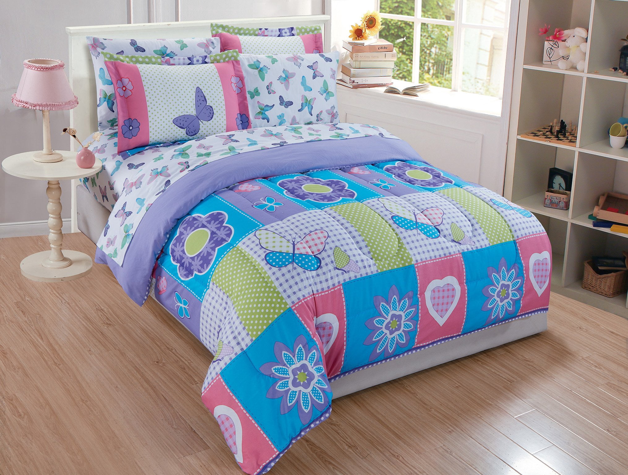 Mk Collection Comforter Set Butterfly Purple Pink Turquoise Green Flowers New (Twin)