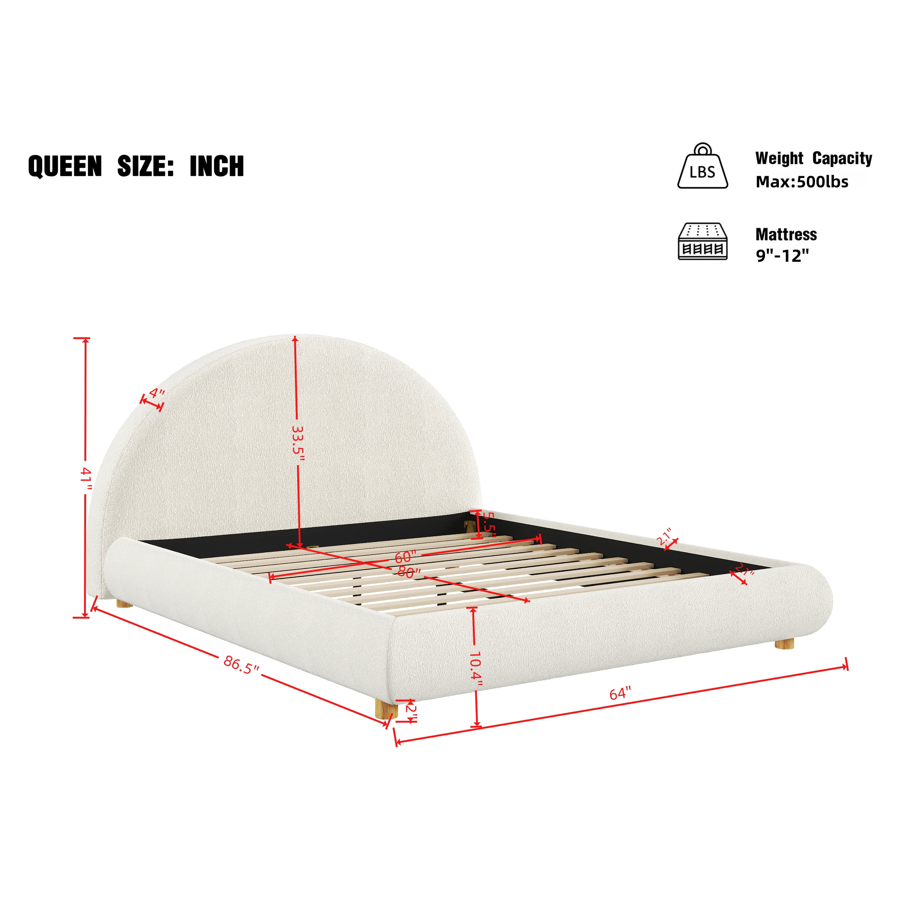 Noble House Lit Plateforme Bouclé Grand Size, Tête de Lit Ronde Courbée, Cadre Bas, Blanc