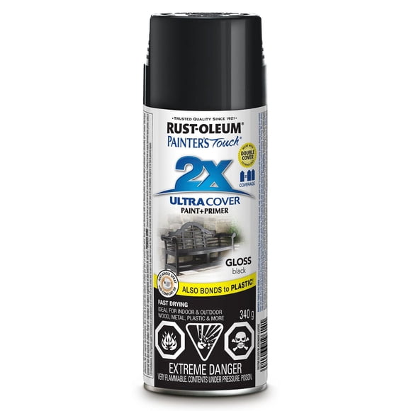 Rust-Oleum Painter's Touch 2X Interior/Exterior Ultra Cover Multi-Purpose Paint and Primer in Gloss Black, 340g Spray Paint